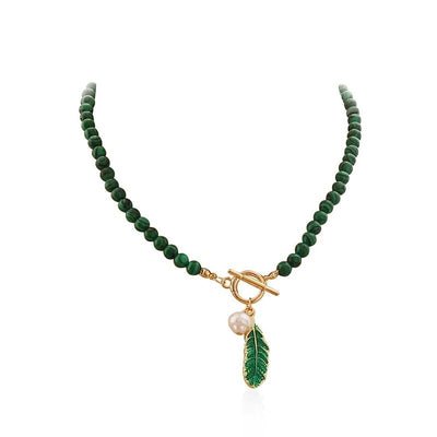 Collier pendentif feuille verte en malachite